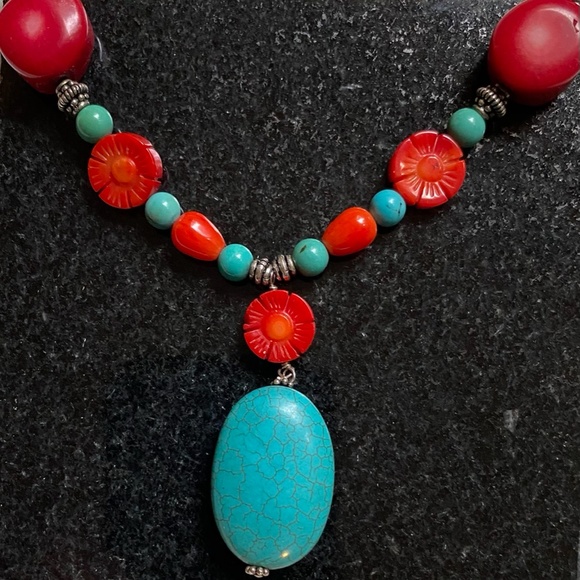 Sterling Silver Turquoise and Coral Necklace - Picture 3 of 6